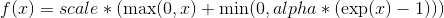 f(x) = scale * (\max(0,x) + \min(0, alpha * (\exp(x) - 1)))